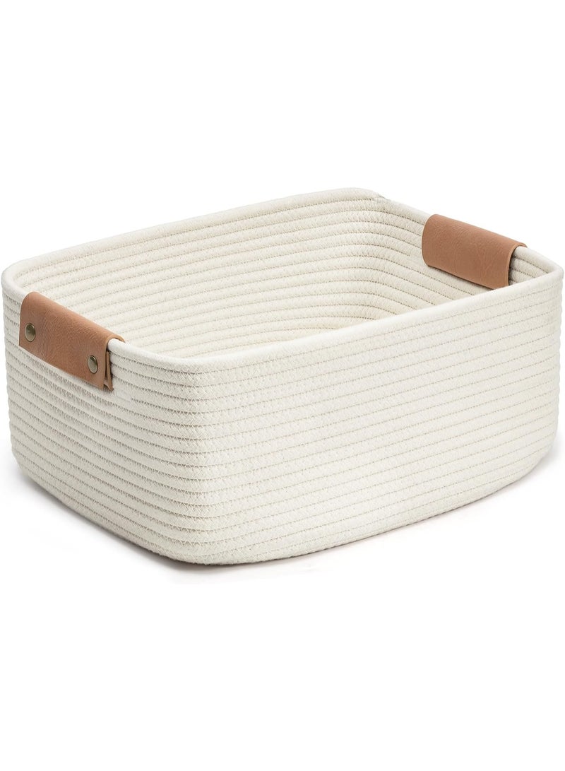Rectangle Cotton Rope Woven Basket with Handles for Books, Magazines, Toys - Decorative Rectangle Basket for Baby Nursery, Living Room, Bathroom - Image 1
